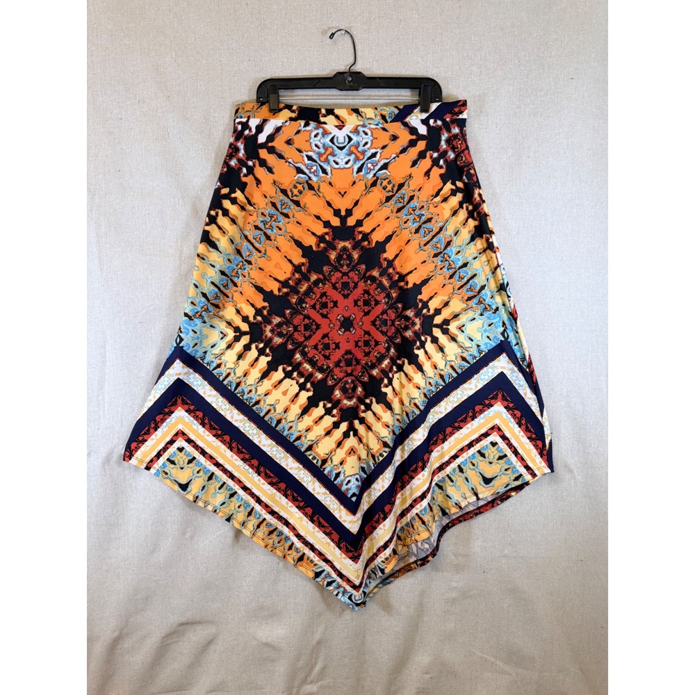 NY Collection Orange Kaleidoscope Print Handkerchief Hem Midi Skirt Womens Large
